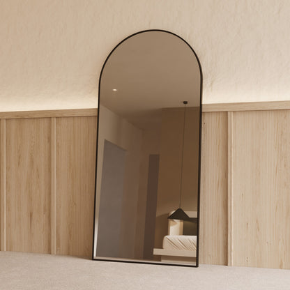 Sienna Framed Arch Mirror - 1800 x 850 in Matte Black, angled from the right
