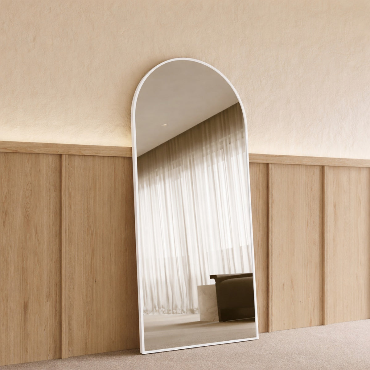 Sienna Framed Arch Mirror - 1800 x 850 in White Satin, angled from the left