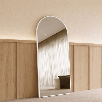 Sienna Framed Arch Mirror - 1800 x 850 in White Satin, angled from the left