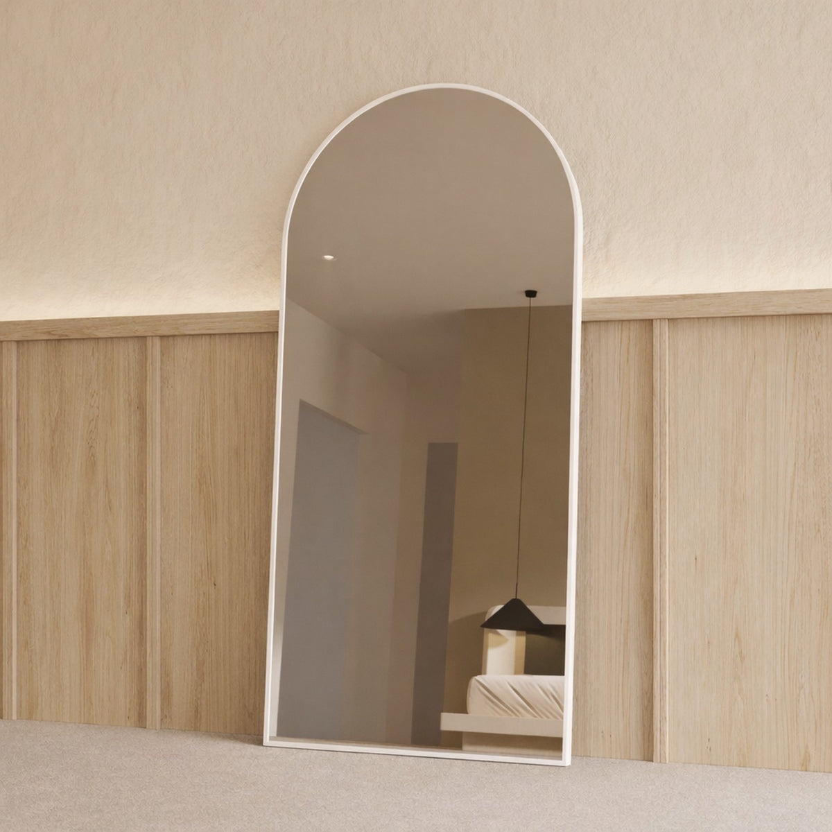 Sienna Framed Arch Mirror - 1800 x 850 in White Satin, angled from the right