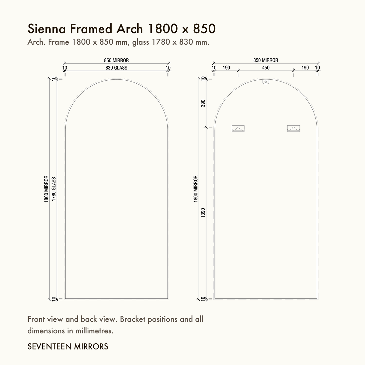 Sienna Framed Arch Mirror - 1800 x 850 dimensions and mounting drawing