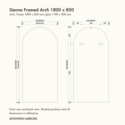 Sienna Framed Arch Mirror - 1800 x 850 dimensions and mounting drawing