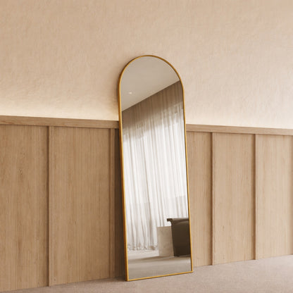 Sienna Framed Arch Mirror - 1700 x 610 in Antique Copper, angled from the left