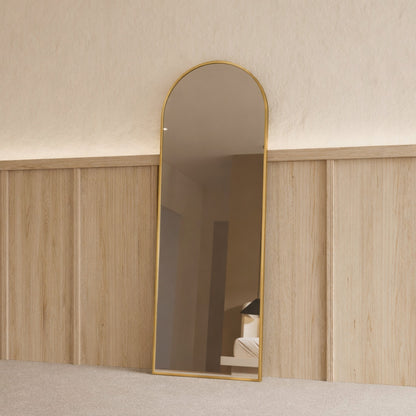 Sienna Framed Arch Mirror - 1700 x 610 in Antique Copper, angled from the right