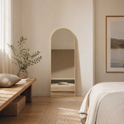 Sienna Framed Arch Mirror - 1700 x 610 in Brushed Gold, styled in a room