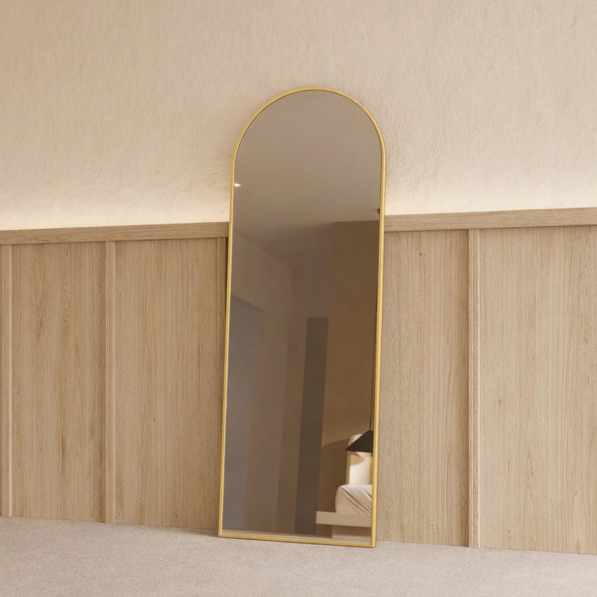 Sienna Framed Arch Mirror - 1700 x 610 in Brushed Gold, angled from the right