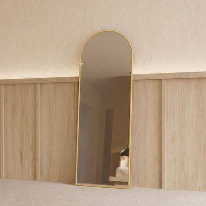 Sienna Framed Arch Mirror - 1700 x 610 in Brushed Gold, angled from the right