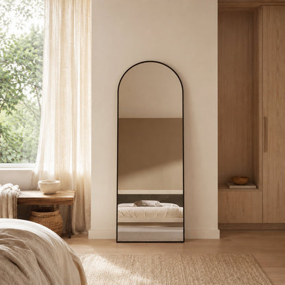 Sienna Framed Arch Mirror - 1700 x 610 in Matte Black, styled in a room