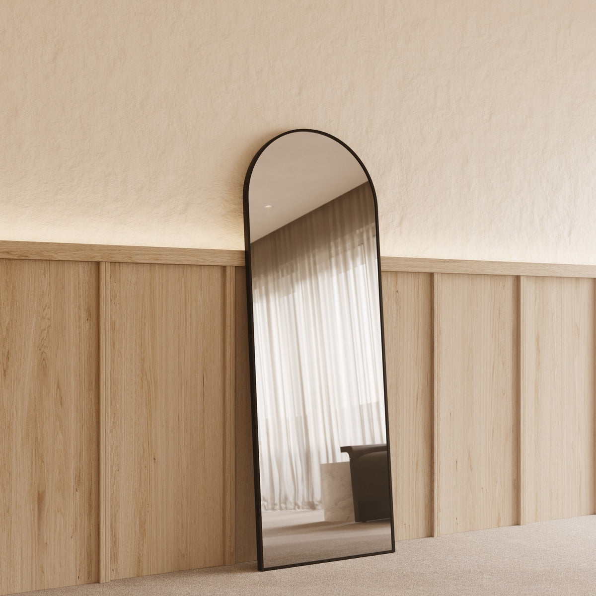 Sienna Framed Arch Mirror - 1700 x 610 in Matte Black, angled from the left