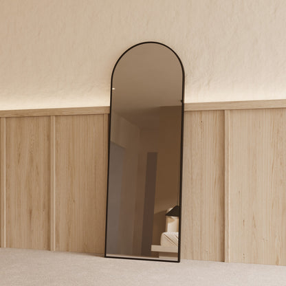 Sienna Framed Arch Mirror - 1700 x 610 in Matte Black, angled from the right