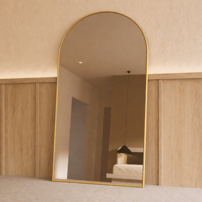 Sienna Framed Arch Mirror - 2000 x 1100 in Brushed Gold, angled from the right