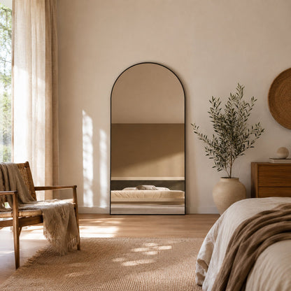 Sienna Framed Arch Mirror - 2000 x 1100 in Matte Black, styled in a room