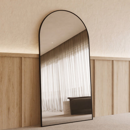 Sienna Framed Arch Mirror - 2000 x 1100 in Matte Black, angled from the left