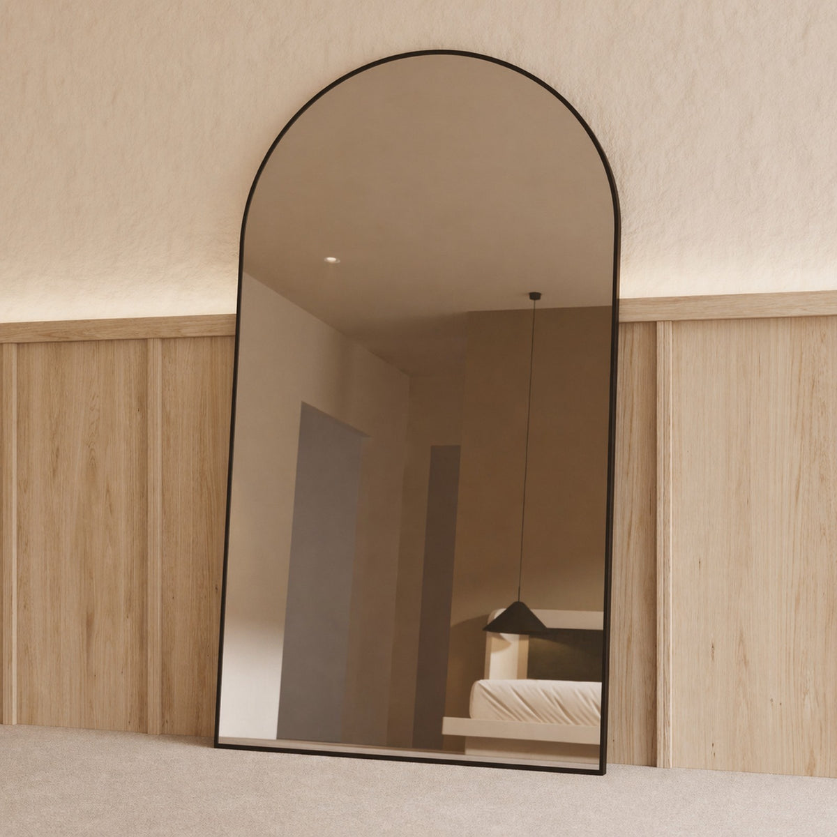 Sienna Framed Arch Mirror - 2000 x 1100 in Matte Black, angled from the right