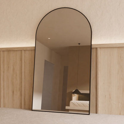 Sienna Framed Arch Mirror - 2000 x 1100 in Matte Black, angled from the right