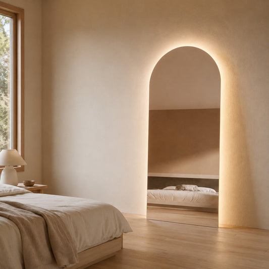 Sienna LED Arch Mirror - 1800 x 850 in Frameless, styled in a room