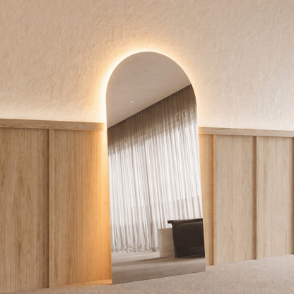 Sienna LED Arch Mirror - 1800 x 850 in Frameless, angled from the left