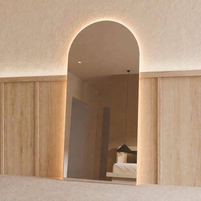 Sienna LED Arch Mirror - 1800 x 850 in Frameless, angled from the right