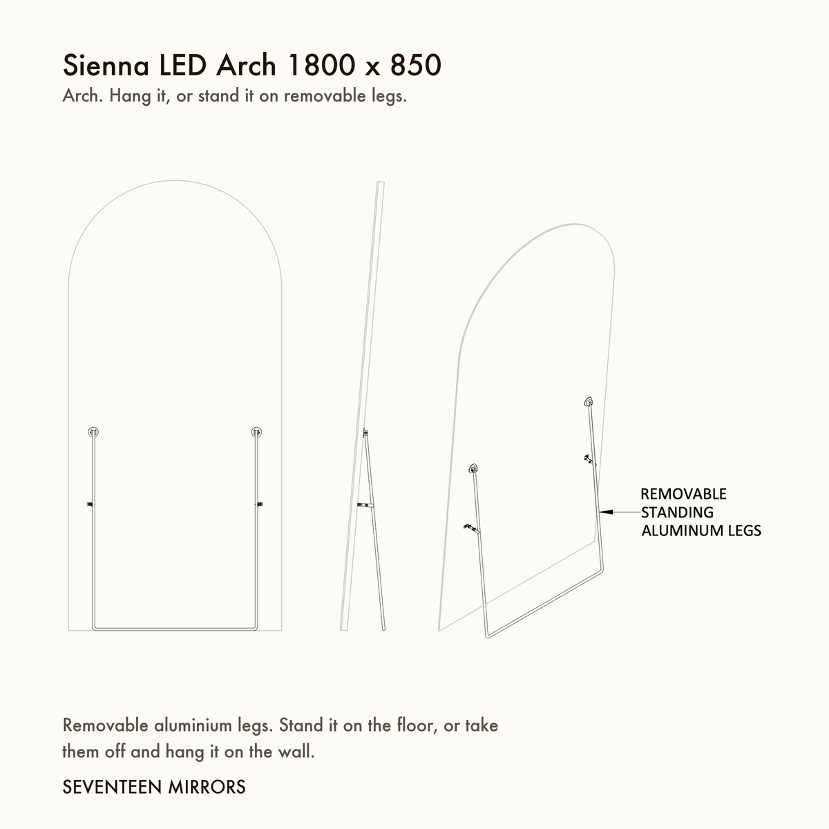 Sienna LED Arch Mirror - 1800 x 850 removable standing legs, exploded diagram showing how the legs attach