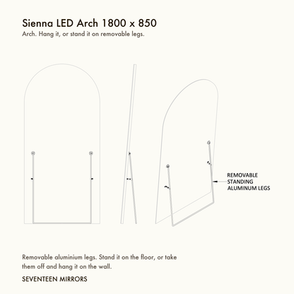 Sienna LED Arch Mirror - 1800 x 850 removable standing legs, exploded diagram showing how the legs attach