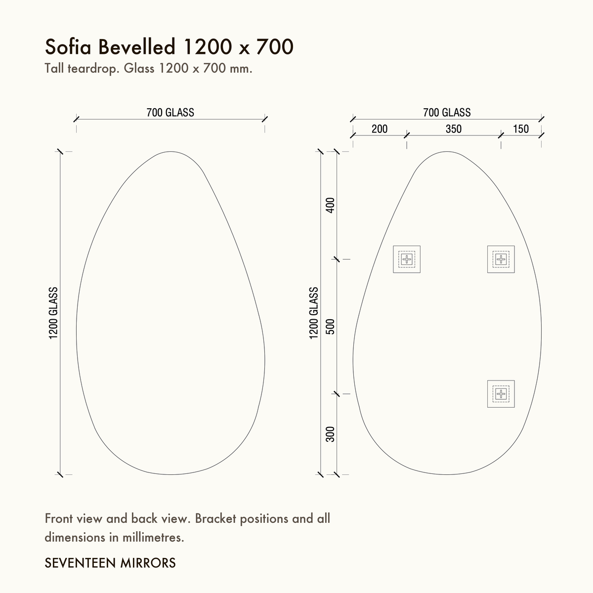 Sofia Bevelled Wall Mirror - 1200 x 700 dimensions and mounting drawing