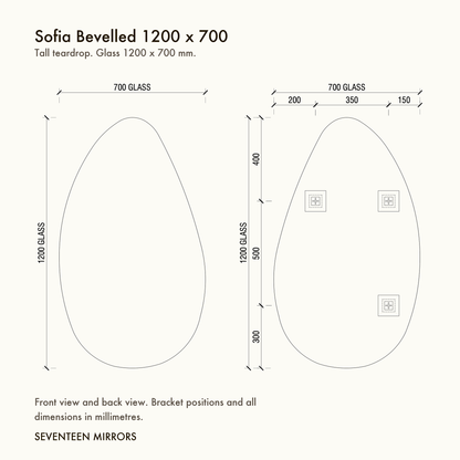 Sofia Bevelled Wall Mirror - 1200 x 700 dimensions and mounting drawing