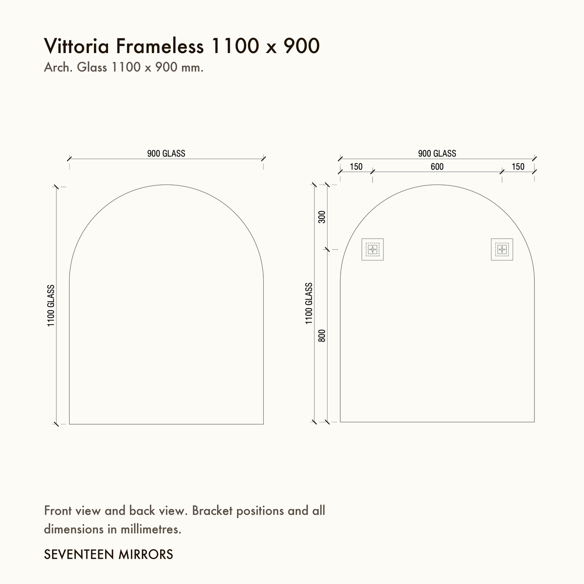 Vittoria Frameless Wall Mirror - 1100 x 900 dimensions and mounting drawing