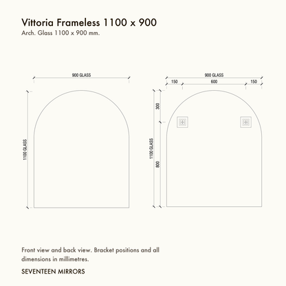Vittoria Frameless Wall Mirror - 1100 x 900 dimensions and mounting drawing