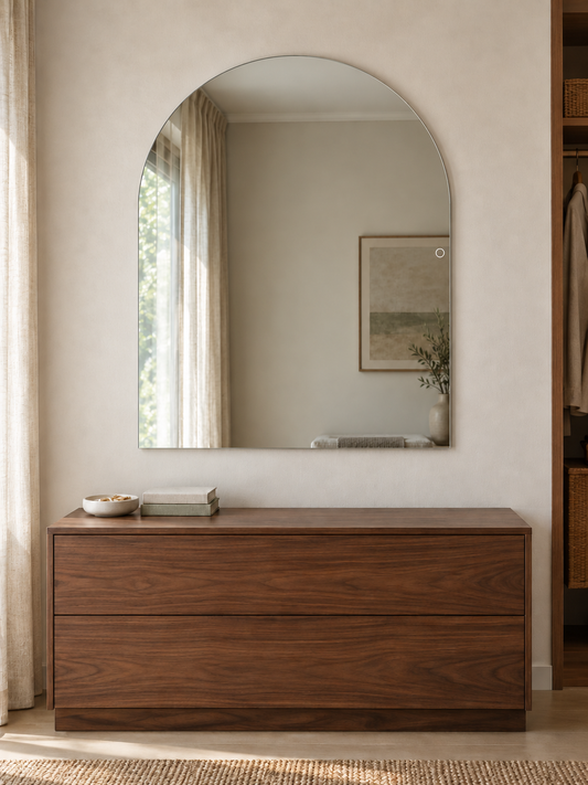 Vittoria 1100 x 900 mm frameless LED mirror with backlight off and white standby touch control.