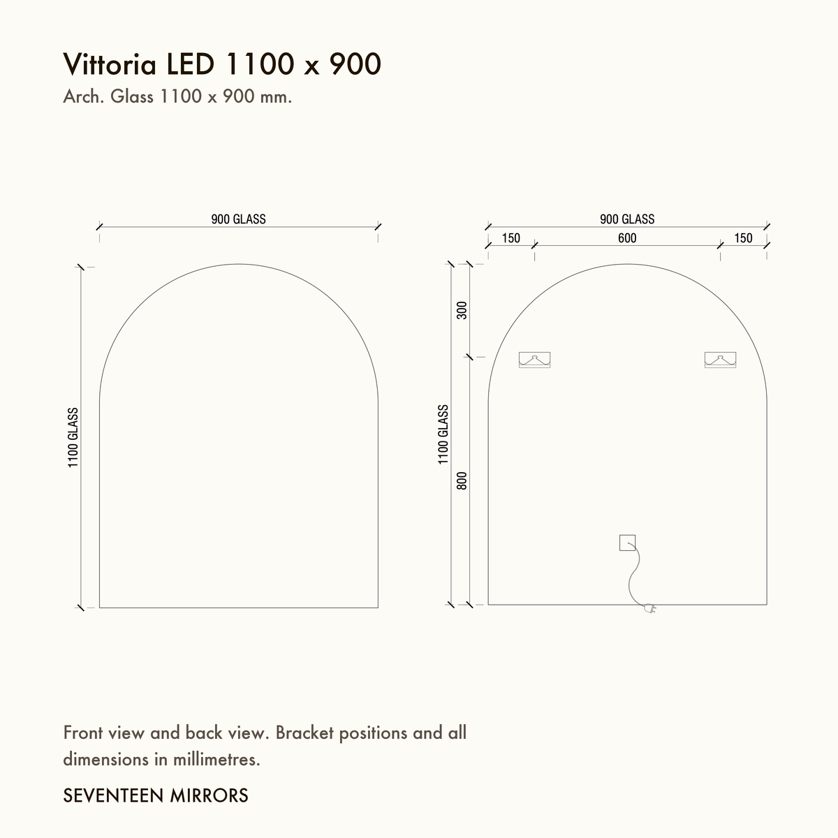 Vittoria LED Wall Mirror - 1100 x 900 dimensions and mounting drawing