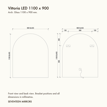 Vittoria LED Wall Mirror - 1100 x 900 dimensions and mounting drawing