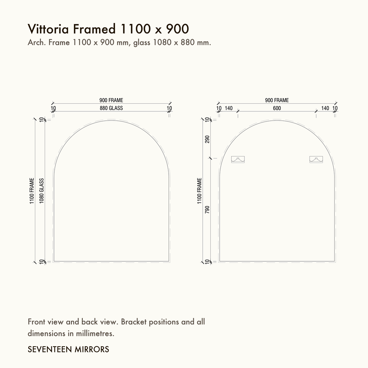 Vittoria Framed Wall Mirror - 1100 x 900 dimensions and mounting drawing