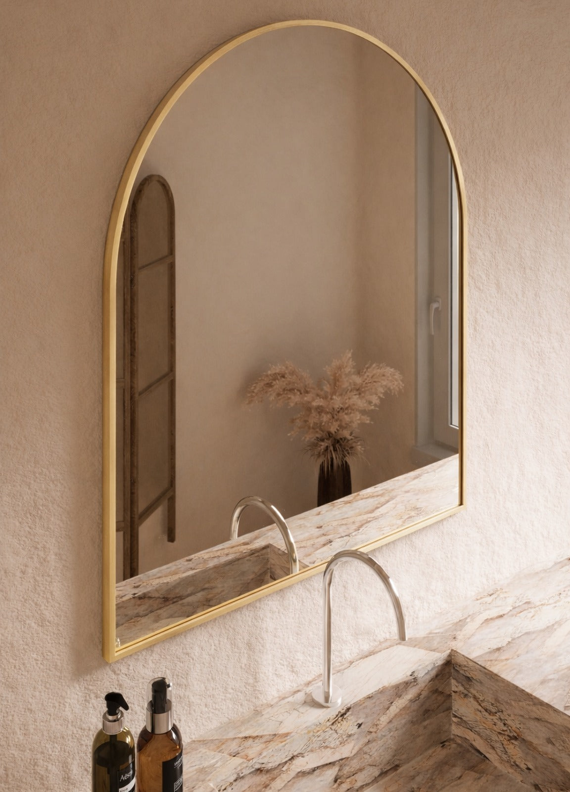 Vittoria Framed Wall Mirror - 1100 x 900 in Brushed Gold, angled from the left